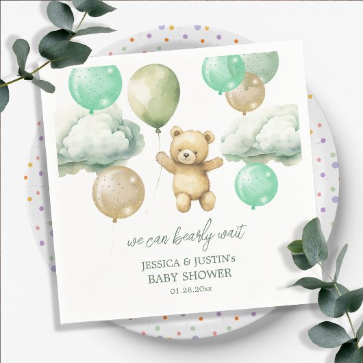 Teddy Bear Balloons Green Sky Baby Dusche Serviette