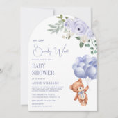 Teddy Bear Balloons Lila Blumenarmkissendusche Einladung (Vorderseite)