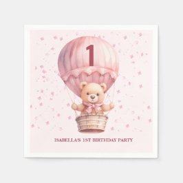 Teddy Bear Balloons Pastel Pink Baby's Birthday Serviette