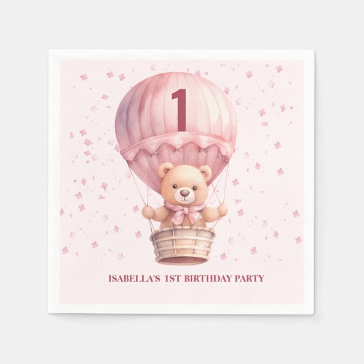 Teddy Bear Balloons Pastel Pink Baby's Birthday Serviette (Vorderseite)