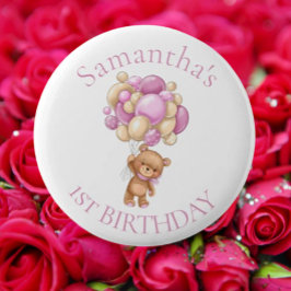 Teddy Bear Balloons Pink 1. Geburtstag Button