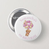 Teddy Bear Balloons Pink 1. Geburtstag Button (Vorne & Hinten)