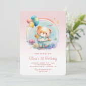 Teddy Bear Balloons Pink 1. Geburtstag Einladung (Stehend Vorderseite)