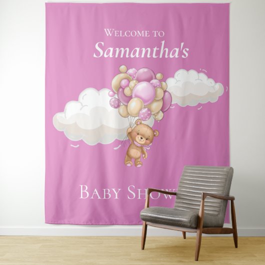 Teddy Bear Balloons Pink Baby Dusche Hintergrund Wandteppich (Beispiel)