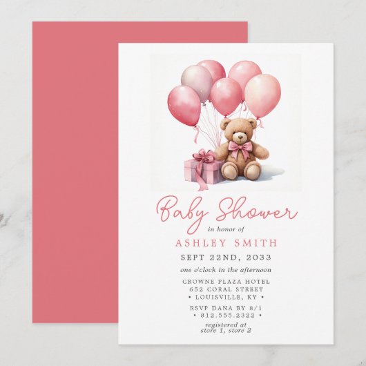Teddy Bear Balloons Pink Girl Baby Dusche Einladung (Vorne/Hinten)