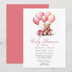 Teddy Bear Balloons Pink Girl Baby Dusche Einladung