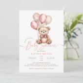 Teddy Bear Balloons Pink Girl Baby Dusche Einladung (Stehend Vorderseite)