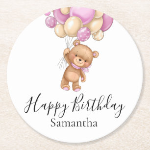 Teddy Bear Balloons Pink Girl Happy Birthday Runder Pappuntersetzer