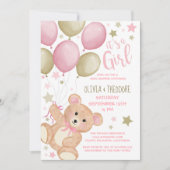 Teddy Bear Balloons Pink Gold Girl Babydusche in Einladung (Vorderseite)
