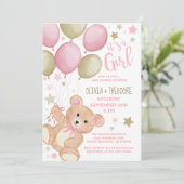 Teddy Bear Balloons Pink Gold Girl Babydusche in Einladung (Stehend Vorderseite)
