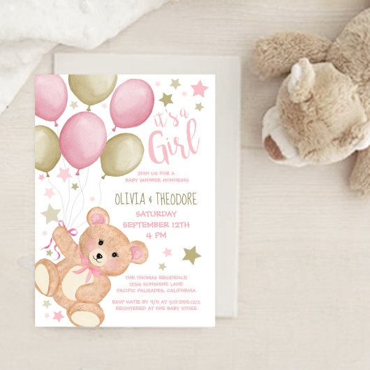 Teddy Bear Balloons Pink Gold Girl Babydusche in Einladung