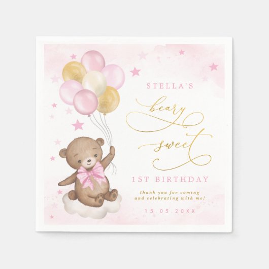 Teddy Bear Balloons Pink Gold Stars Geburtstag Serviette (Vorderseite)
