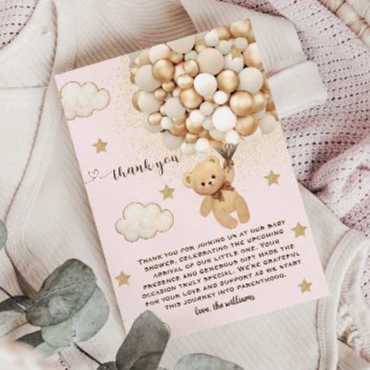 Teddy Bear Balloons Pink Gold Tan Dankeskarte