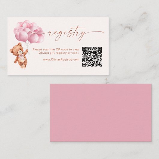 Teddy Bear Balloons Pink QR Code Registrierung Begleitkarte (Vorne/Hinten)