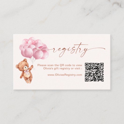 Teddy Bear Balloons Pink QR Code Registrierung Begleitkarte (Vorderseite)