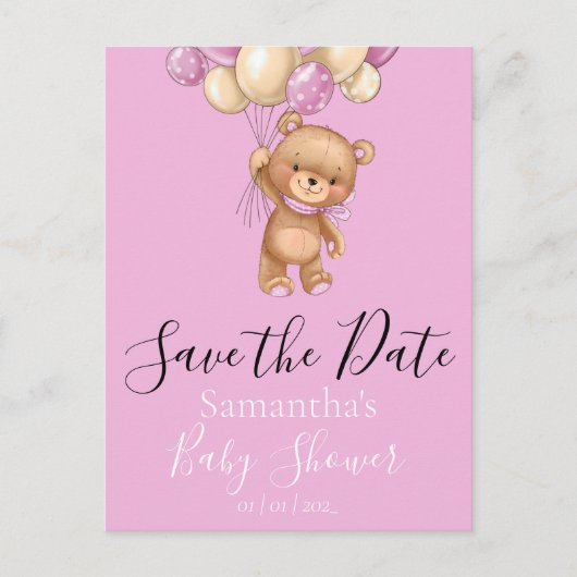 Teddy Bear Balloons Rosa Datum Postkarte (Vorderseite)