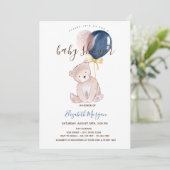 Teddy Bear Balloons Rosa Stripte Babydusche Einladung (Stehend Vorderseite)