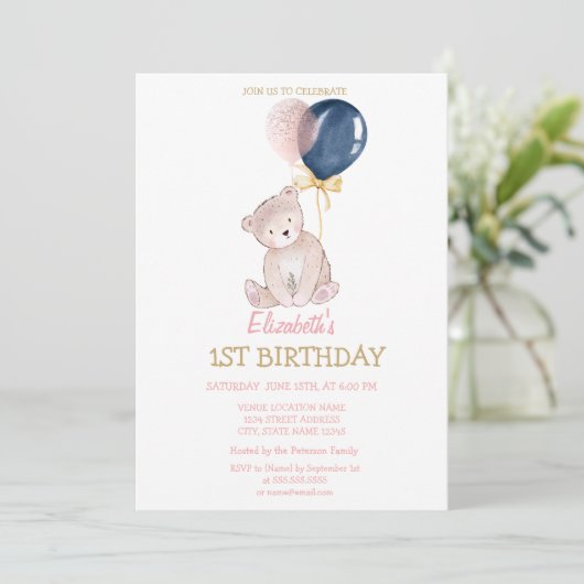 Teddy Bear Balloons Stripte Geburtstag Einladung (Stehend Vorderseite)