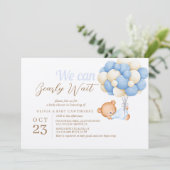 Teddy Bear Balloons Watercolor Baby Boy Dusche Einladung (Stehend Vorderseite)