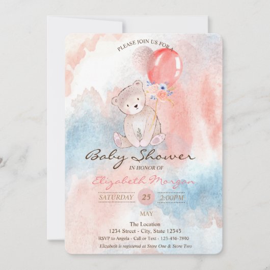 Teddy Bear Balloons Watercolor Babydusche Einladung (Vorderseite)