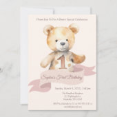 Teddy Bear Banner Girls zum ersten Geburtstag Einladung (Vorderseite)