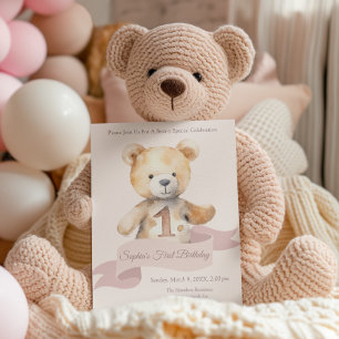 Teddy Bear Banner Girls zum ersten Geburtstag Einladung