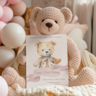 Teddy Bear Banner Girls zum ersten Geburtstag Einladung