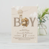 Teddy Bear Bear Bearly Wait Balloon Baby Boy Show  Einladung (Stehend Vorderseite)