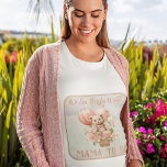 Teddy Bear Bearly Wait Baby Shower Mama to Be T-Shirt<br><div class="desc">Cute Baby Shower design featuring a teddy bear with a pink bow-tie in a basket tied to a bunch of pink and light teal balloons adorned with pink flowers. The words "We Can Bearly Wait!" float in the clouds. A rose pink and light teal watercolor background with white fading in...</div>