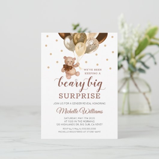 Teddy Bear Beary Big Surprise Gender Reveal Einladung (Stehend Vorderseite)