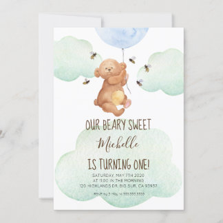 Teddy Bear Bees Beary Sweet Baby 1. Geburtstag Einladung