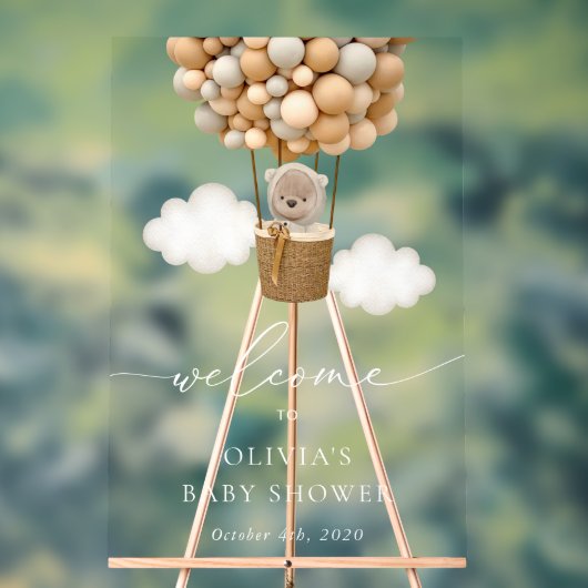Teddy Bear, Beige Balloons, Babydusche Willkommen Acrylschild (Neutral)