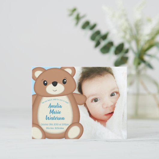 Teddy Bear Birth Announcement Foto Postkarte (Stehend Vorderseite)