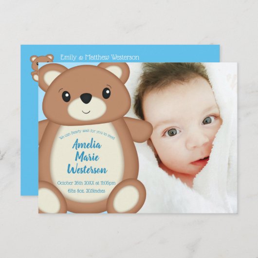 Teddy Bear Birth Announcement Foto Postkarte (Vorne/Hinten)