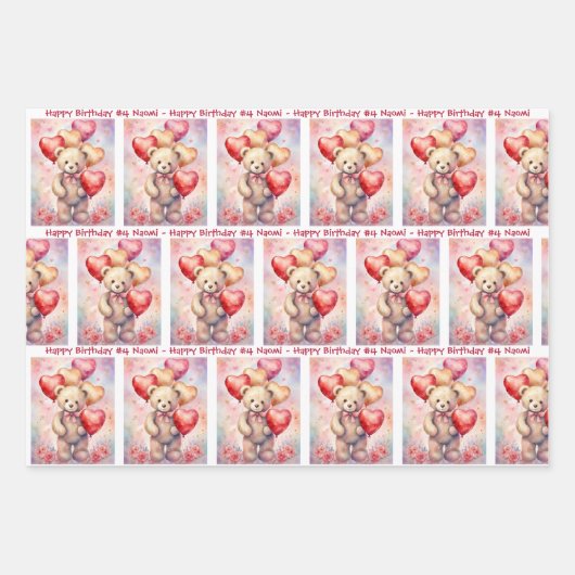 Teddy Bear Birthday Balloons Kindername & Alter Geschenkpapier Set (Vorderseite)