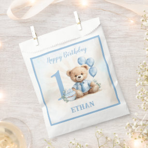 Teddy Bear Birthday Boy Blue Beige Favor Bag Geschenktütchen