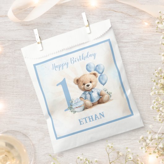 Teddy Bear Birthday Boy Blue Beige Favor Bag Geschenktütchen (Ausgeschnitten)