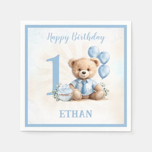 Teddy Bear Birthday Boy Blue Beige Paper Napkins Serviette (Vorderseite)