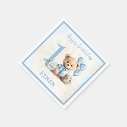 Teddy Bear Birthday Boy Blue Beige Paper Napkins Serviette (Ecke)
