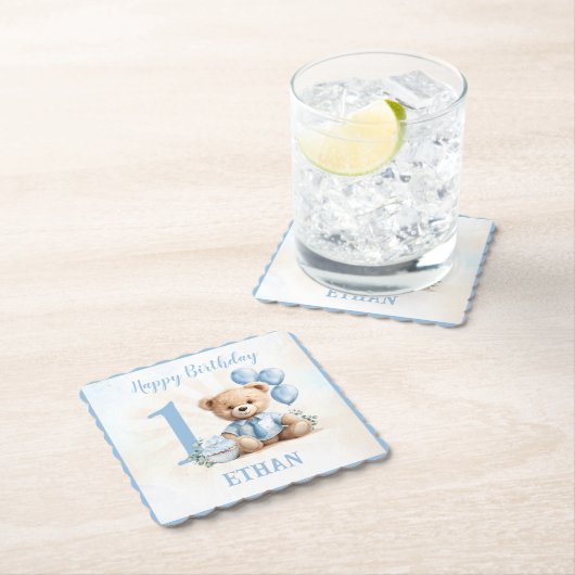 Teddy Bear Birthday Boy Blue Beige Paper Untersetz Untersetzer (Vor Ort)