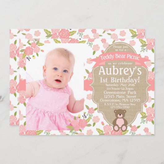 Teddy Bear Birthday Invitation - Teddy Bear Picnic Einladung (Vorne/Hinten)