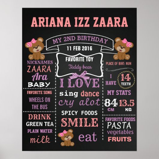Teddy Bear Birthday Kreide Schild Plakat (Vorne)