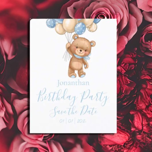 Teddy Bear Birthday Party Blue Boy Save the Date Postkarte