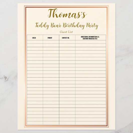 Teddy Bear Birthday Party Guest List (Vorderseite)