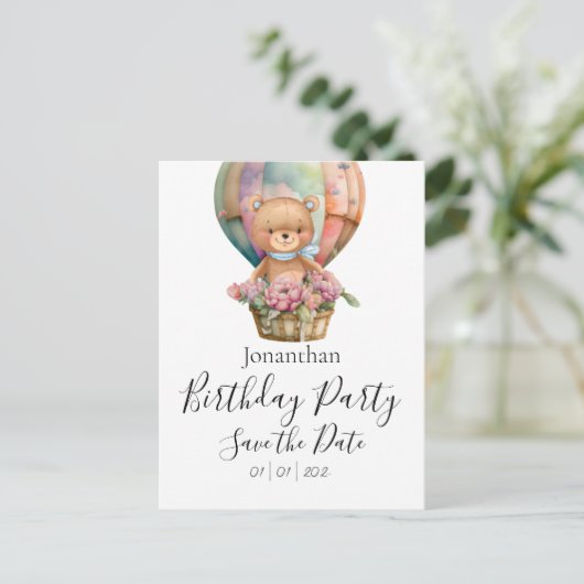 Teddy Bear Birthday Party Save the Date Postkarte (Stehend Vorderseite)