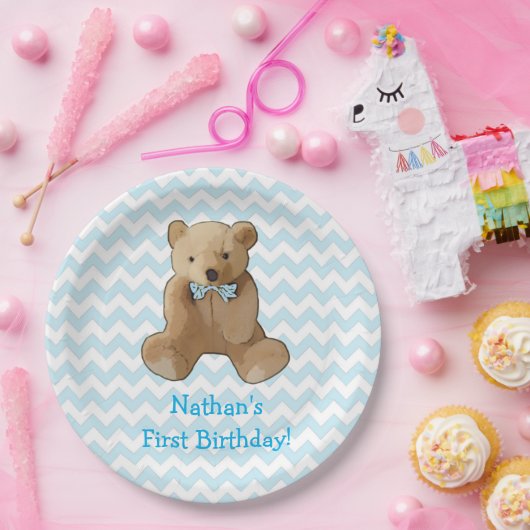Teddy Bear Blau und Weiß Streifen Party Plättchen Pappteller (Party)