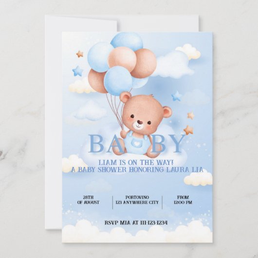 TEDDY BEAR BLAUE BABY SHOWER EINLADUNG (Vorderseite)