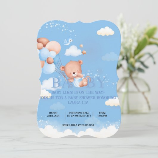 TEDDY BEAR BLAUE Kinderdusche Einladung (Stehend Vorderseite)