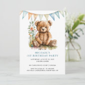 Teddy Bear Blue 1. Geburtstag Einladung (Stehend Vorderseite)