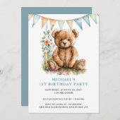 Teddy Bear Blue 1. Geburtstag Einladung (Vorne/Hinten)